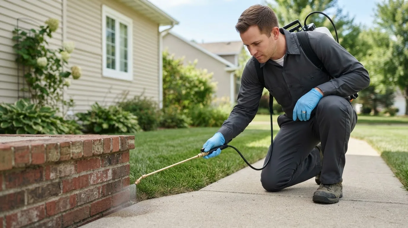 Pest control technician treating a home near Friesland, WI